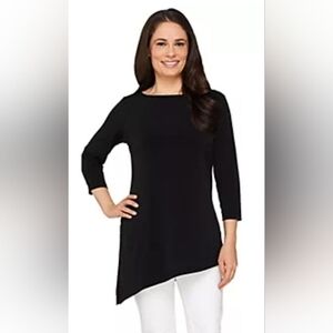 Susan Graver Liquid Knit 3/4 Sleeve Tunic Top with Asymmetric Hem Black Size XS
